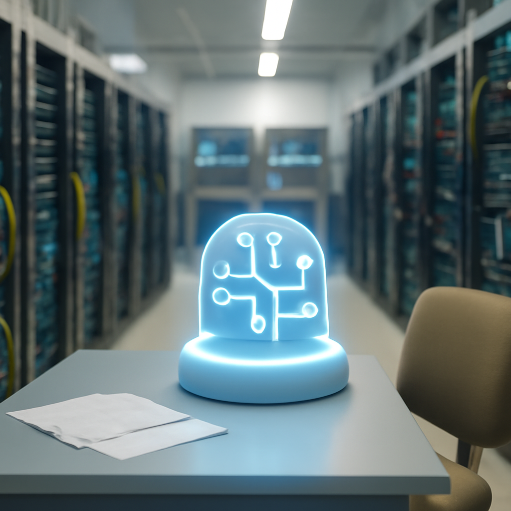 Server room with computer racks and cables, featuring a blurred AI model in the foreground.