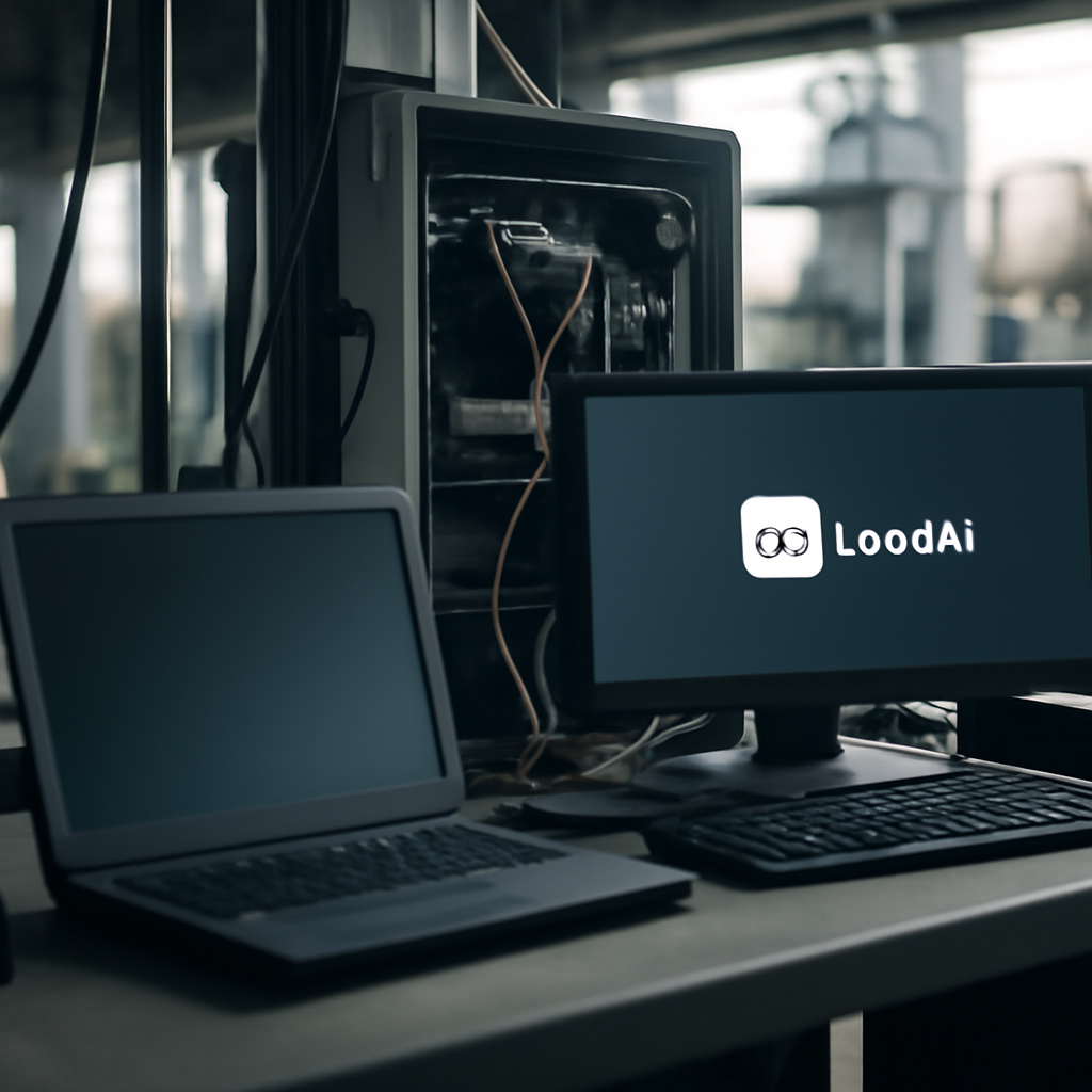 Networked workstation with laptop and industrial equipment in a brightly-lit setting.