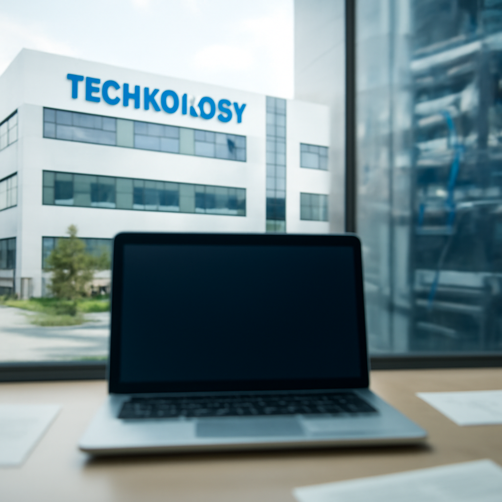 Modern office building with blurred laptop in foreground and subtle network infrastructure in background.