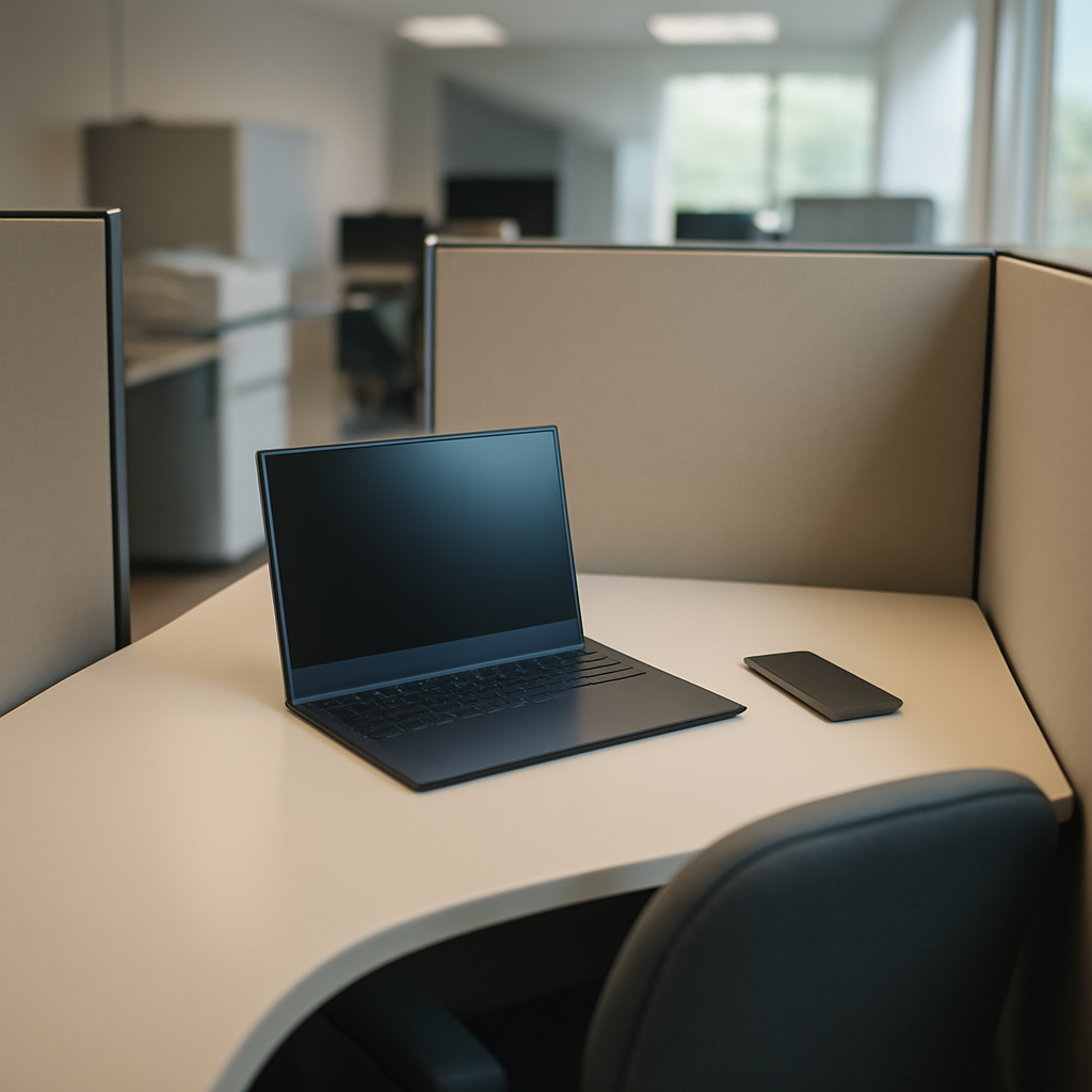 Empty office cubicle with laptop and smartphone on desk, surrounded by blurred office equipment and natural light from a…