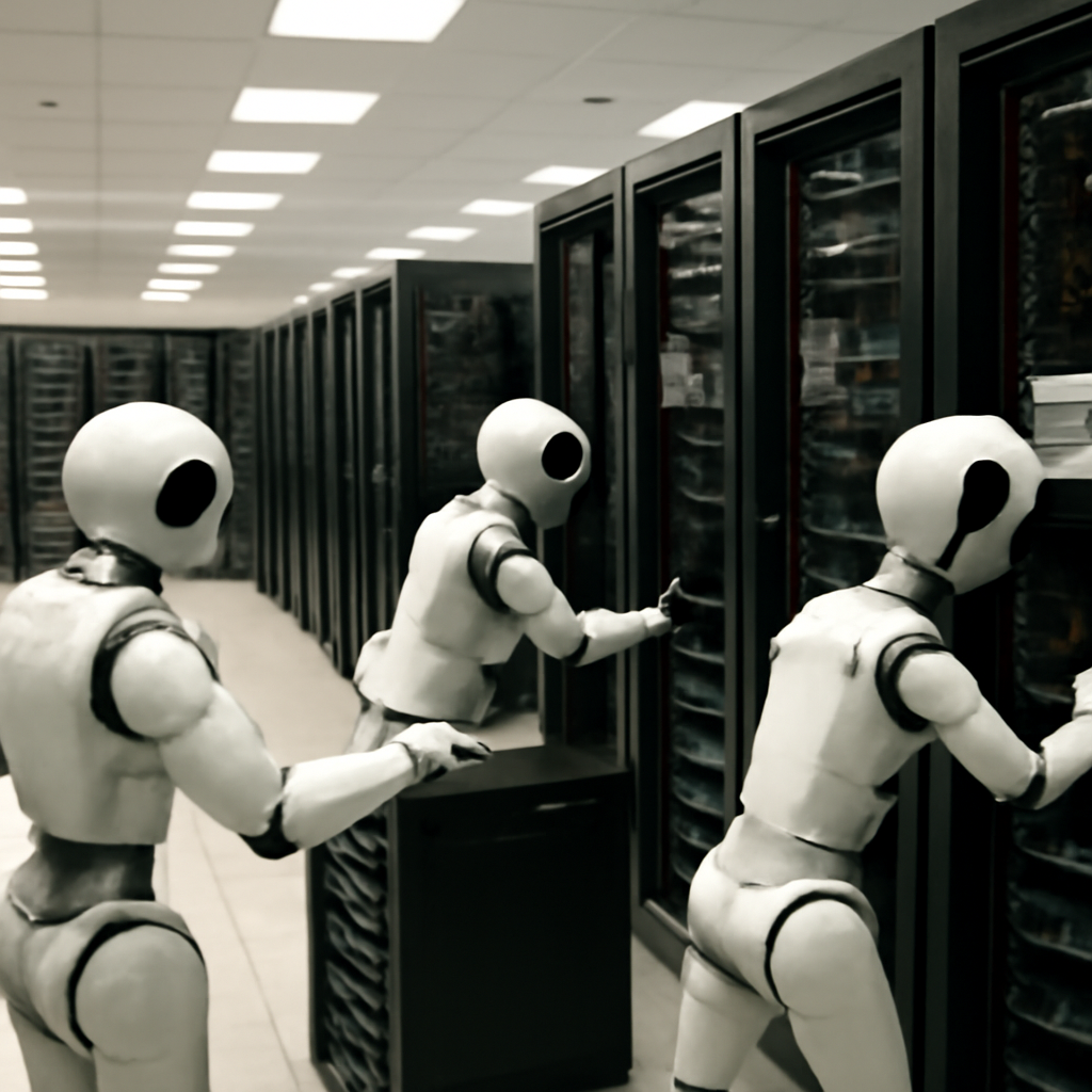 Robotic arms interact with computer servers in a brightly-lit data center.