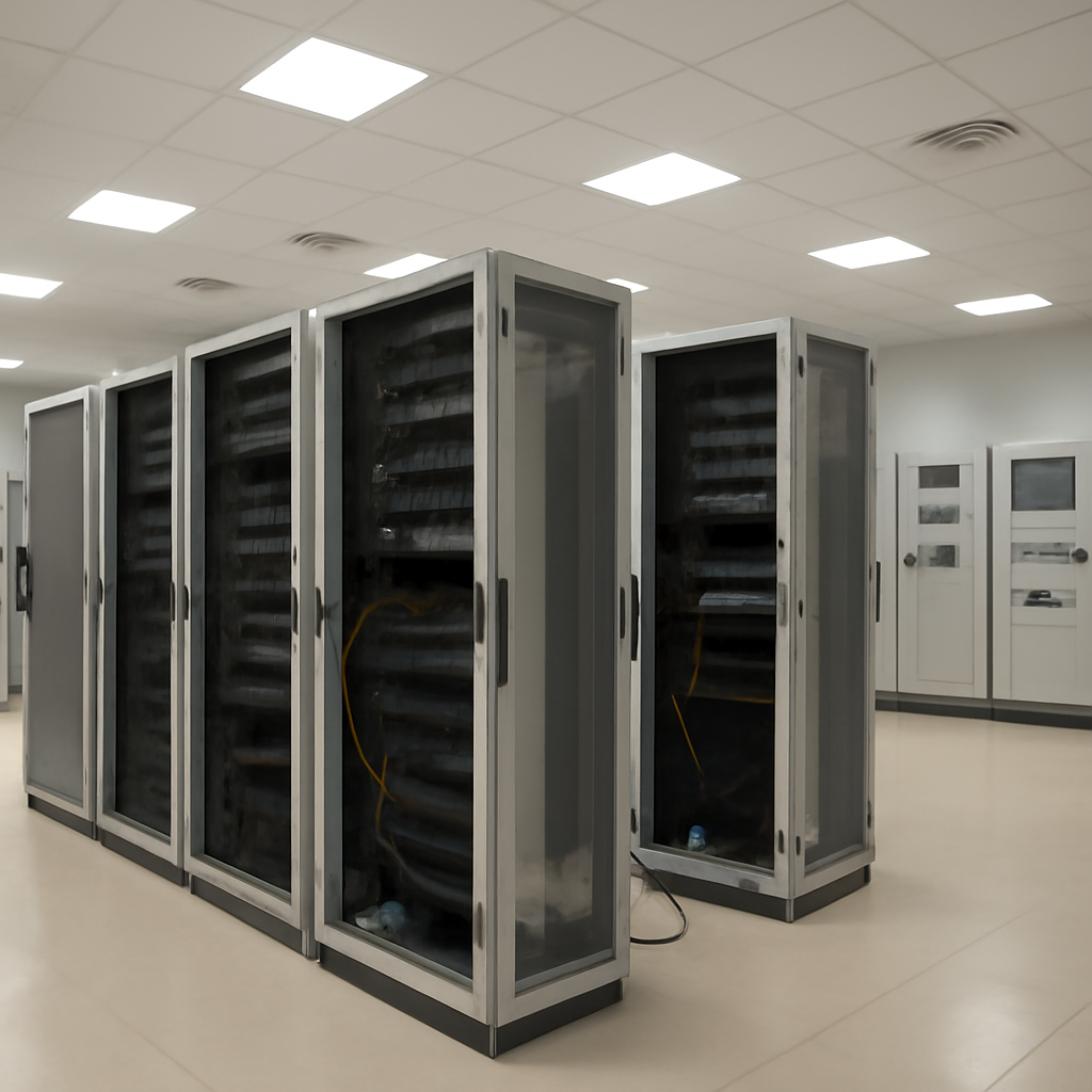 Server room with rows of computer servers and exposed cables under a clean ceiling.
