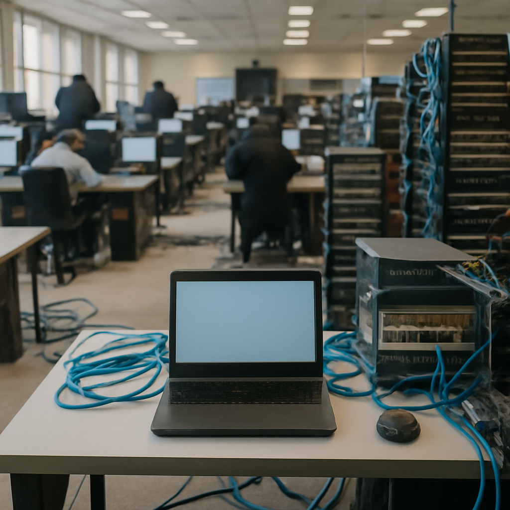 Government cyber testing facility with rows of computer workstations and servers.