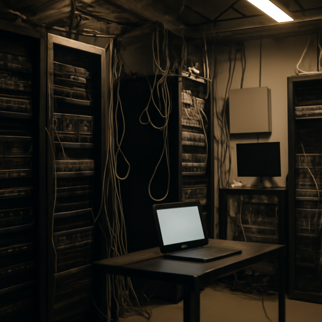 Dimly lit server room with rows of computer servers, cables, and monitors.