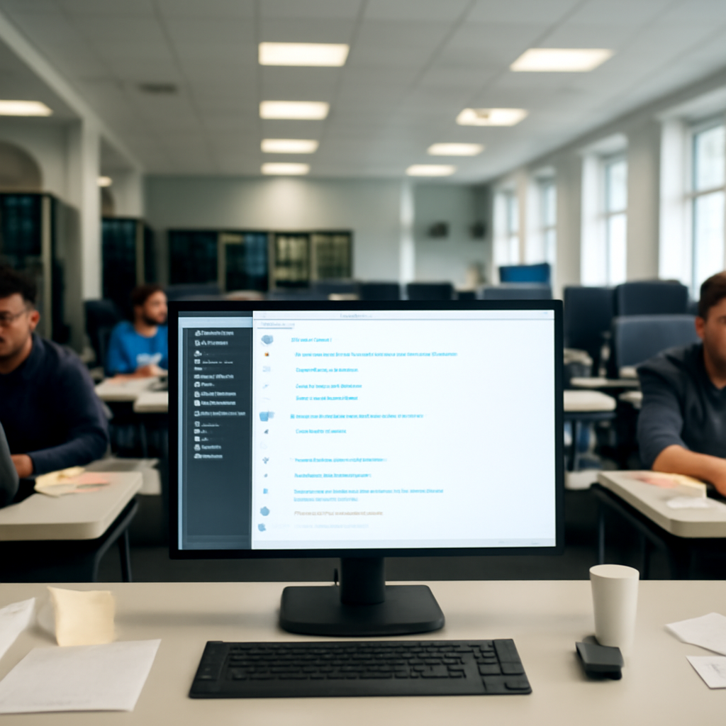 Software development facility with workstations and people working, featuring a blank whiteboard in the foreground.