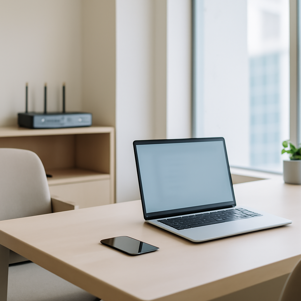 Modern office workstation with laptop and smartphone on a desk near a large window overlooking a cityscape.
