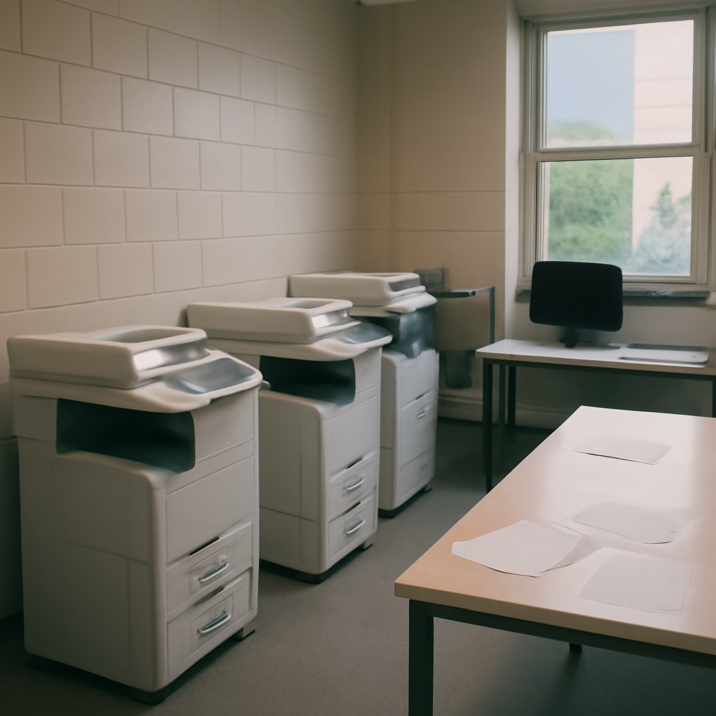 Empty office print room with multifunction printers and scattered papers.