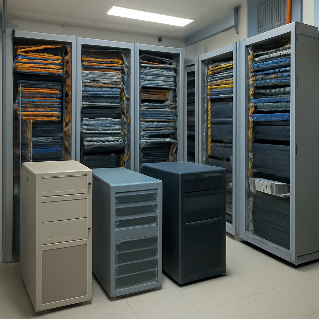 Rows of equipment racks and cables in a generic office network closet or server room.