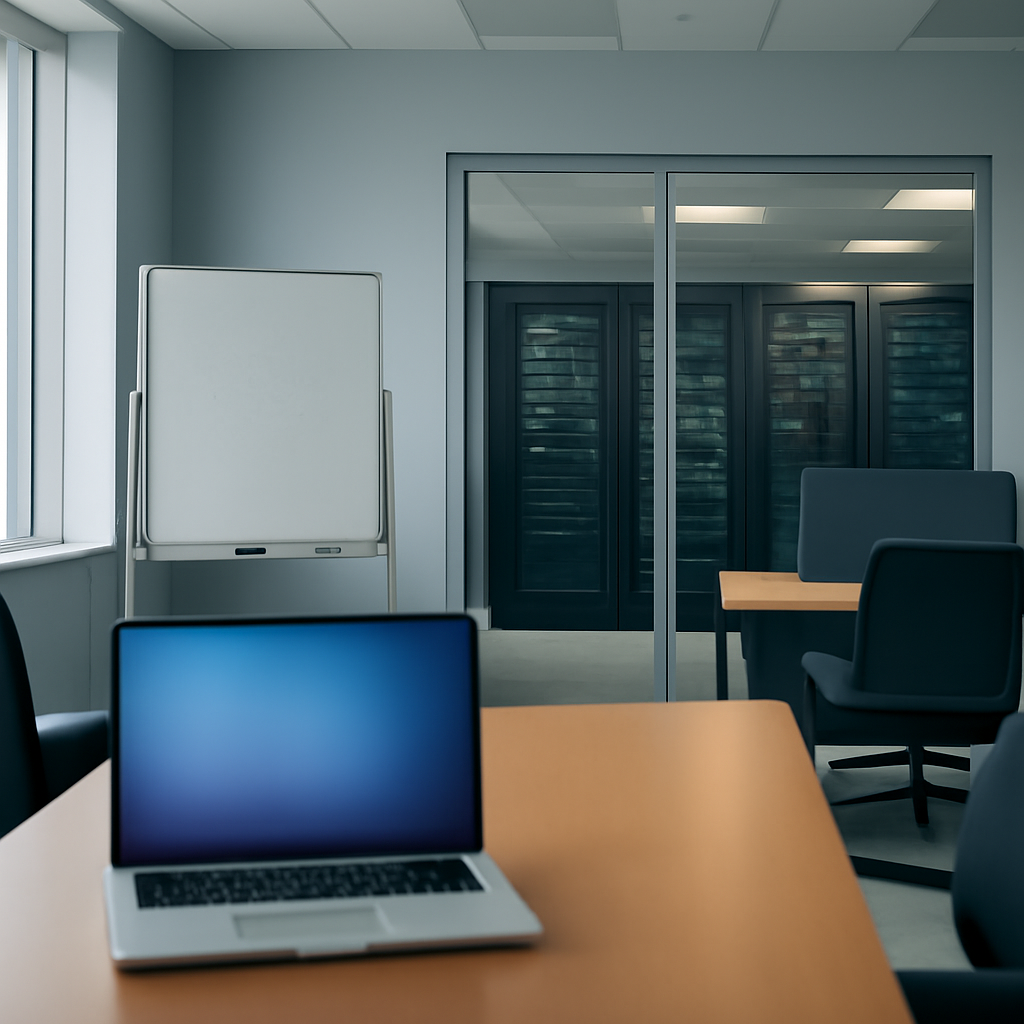 Empty corporate IT office with server room, out-of-focus workstation, and whiteboard in background.