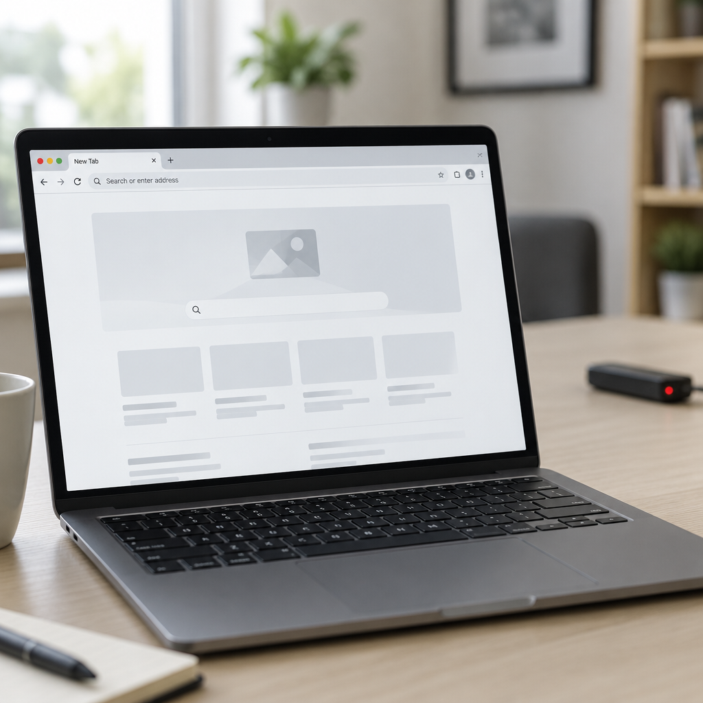 Laptop on a desk with a browser window open, showing a generic webpage in a typical workspace setting.