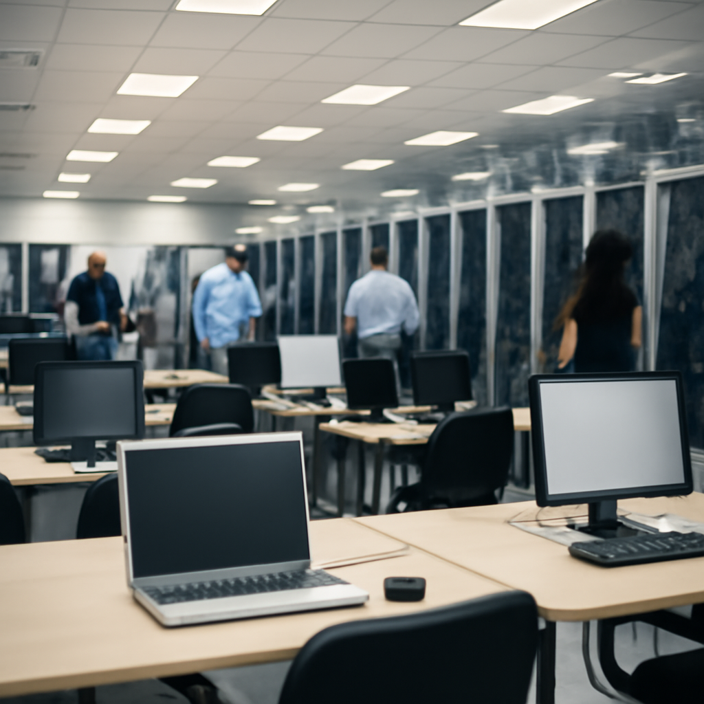 A large, open office space with rows of computer servers and workstations, screens blank or blurred, with employees and IT…