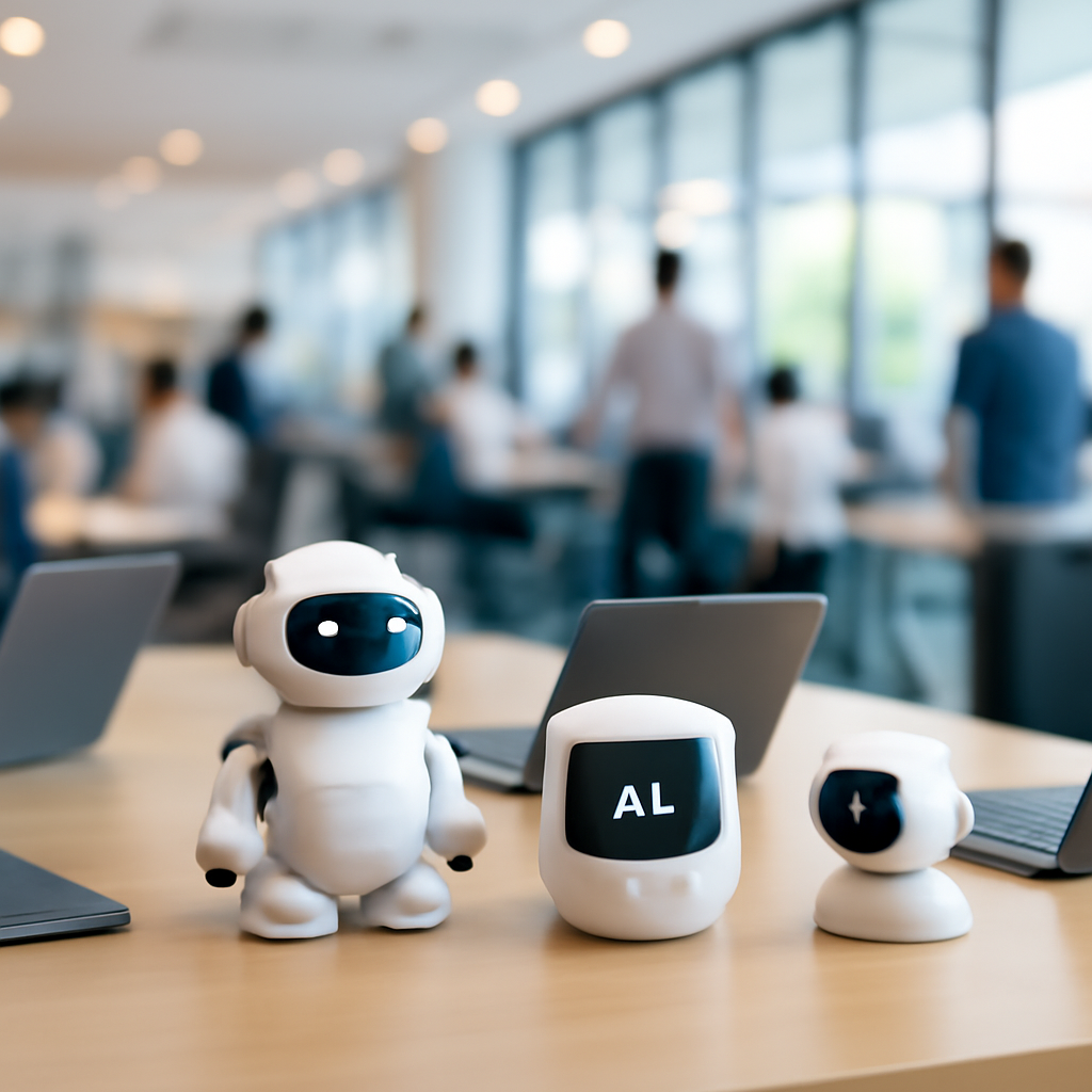 Modern office interior with sleek conference table and AI devices in focus.