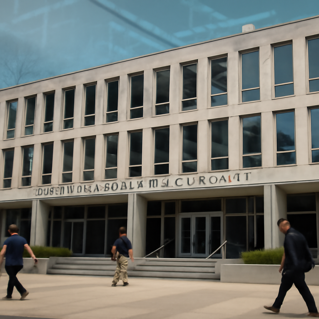 US government agency building with subtle digital activity in background.