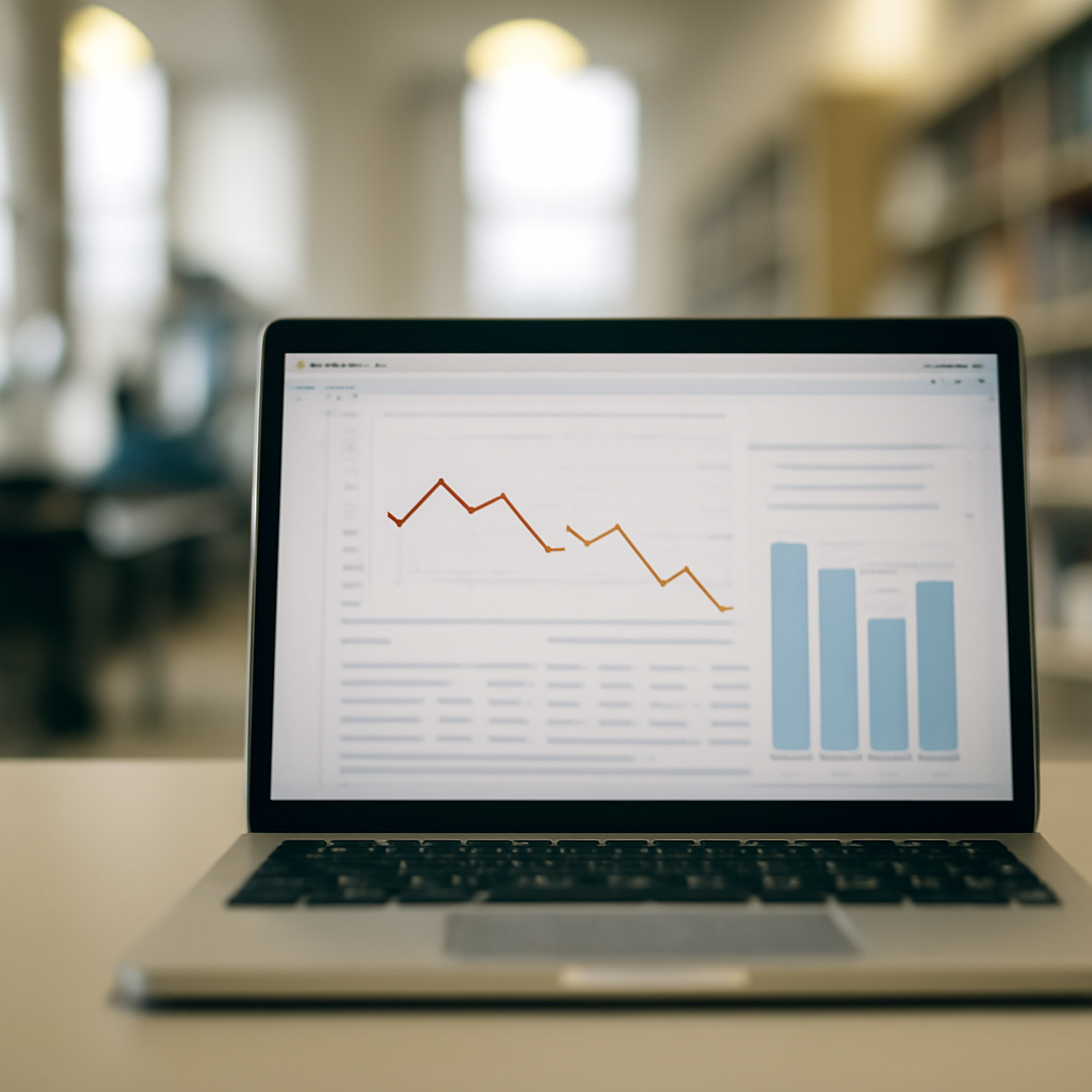 Laptop screen displays structured data on a desk in a blurred university setting.