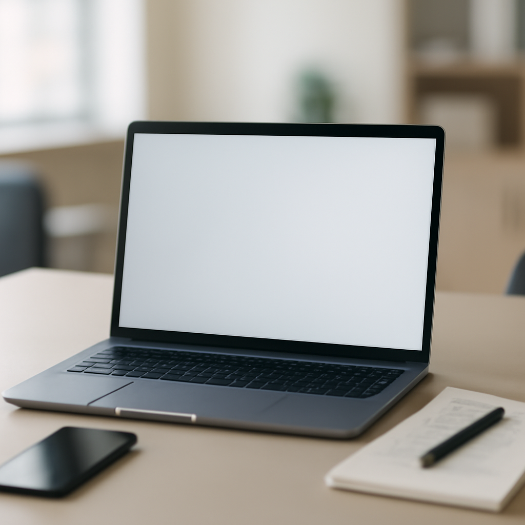 Laptop on office desk with smartphone and notepad, in front of blurred window background.