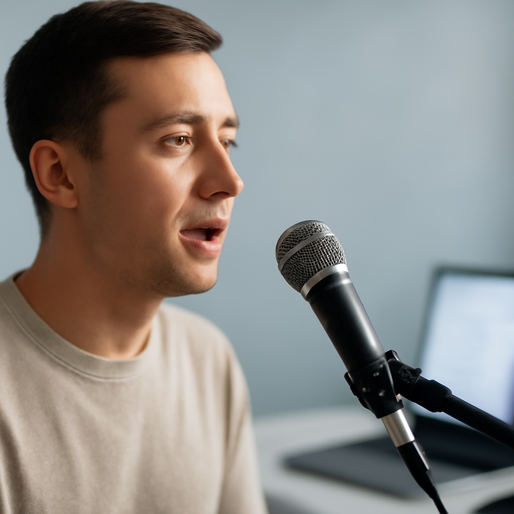 Person speaking into a microphone with a digital interface in the background.