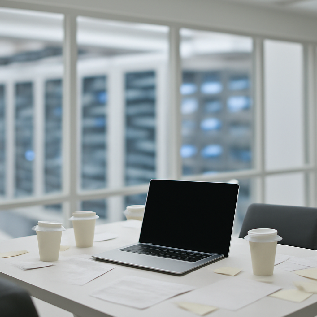Modern tech facility with blurred server infrastructure and unoccupied workstation.
