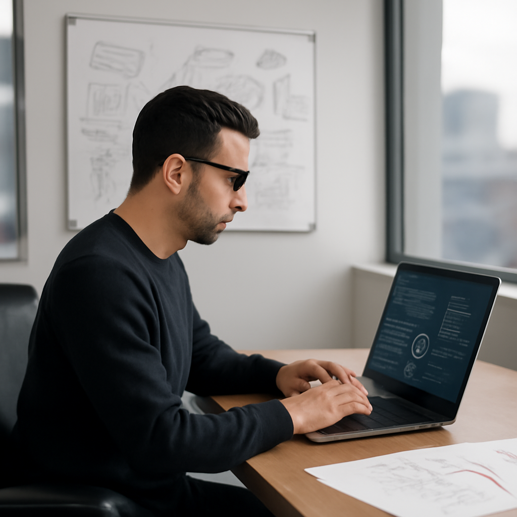 Penetration tester working at desk with laptop and notes, surrounded by whiteboard and city view.