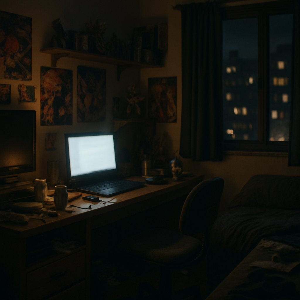 Dimly lit teenage bedroom with laptop on messy desk, cityscape visible through window.