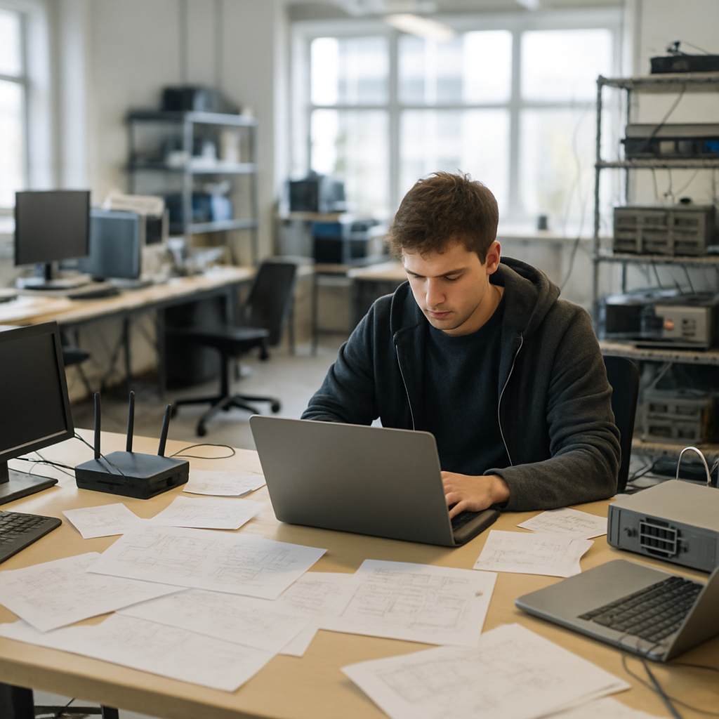 Researchers work on computers and technical equipment in a bright, open lab setting.