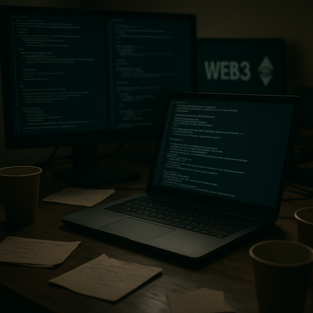 Cluttered coding workstation with lines of code on laptop screen and scattered notes.