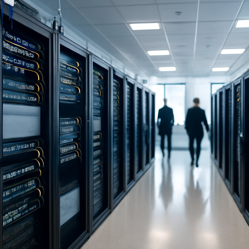 Rows of server racks and network equipment fill a modern enterprise network operations center.