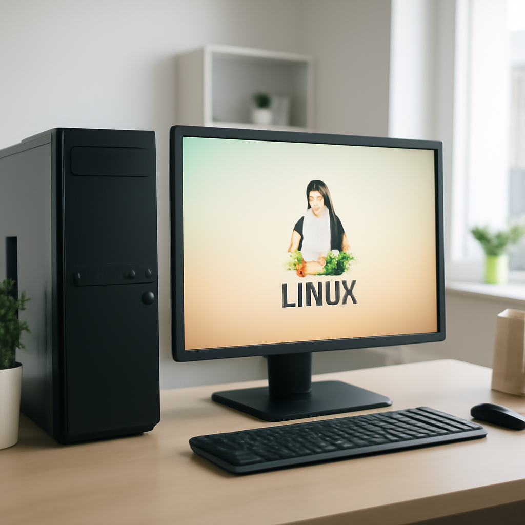 Modern office workstation with Linux computer setup on a clutter-free desk.