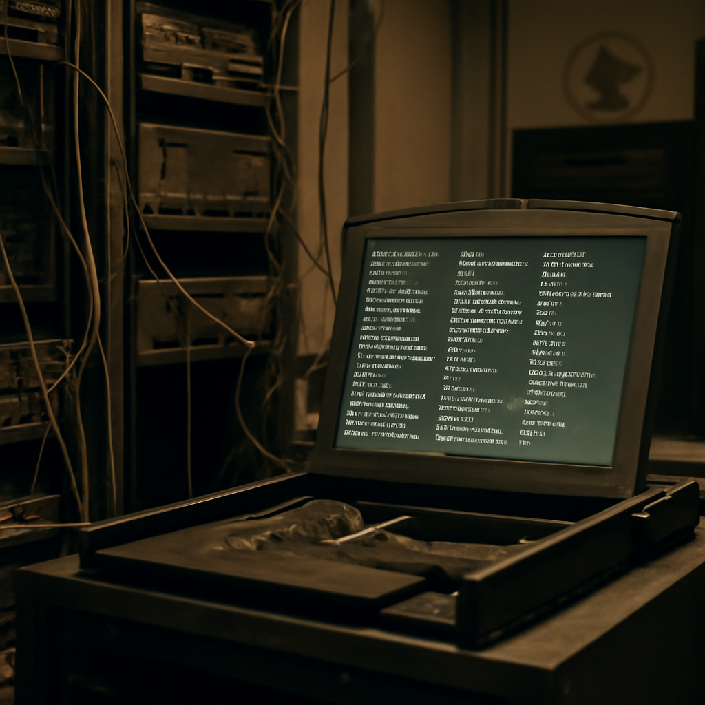 Dimly lit server room with exposed directory structure on open workstation screen.