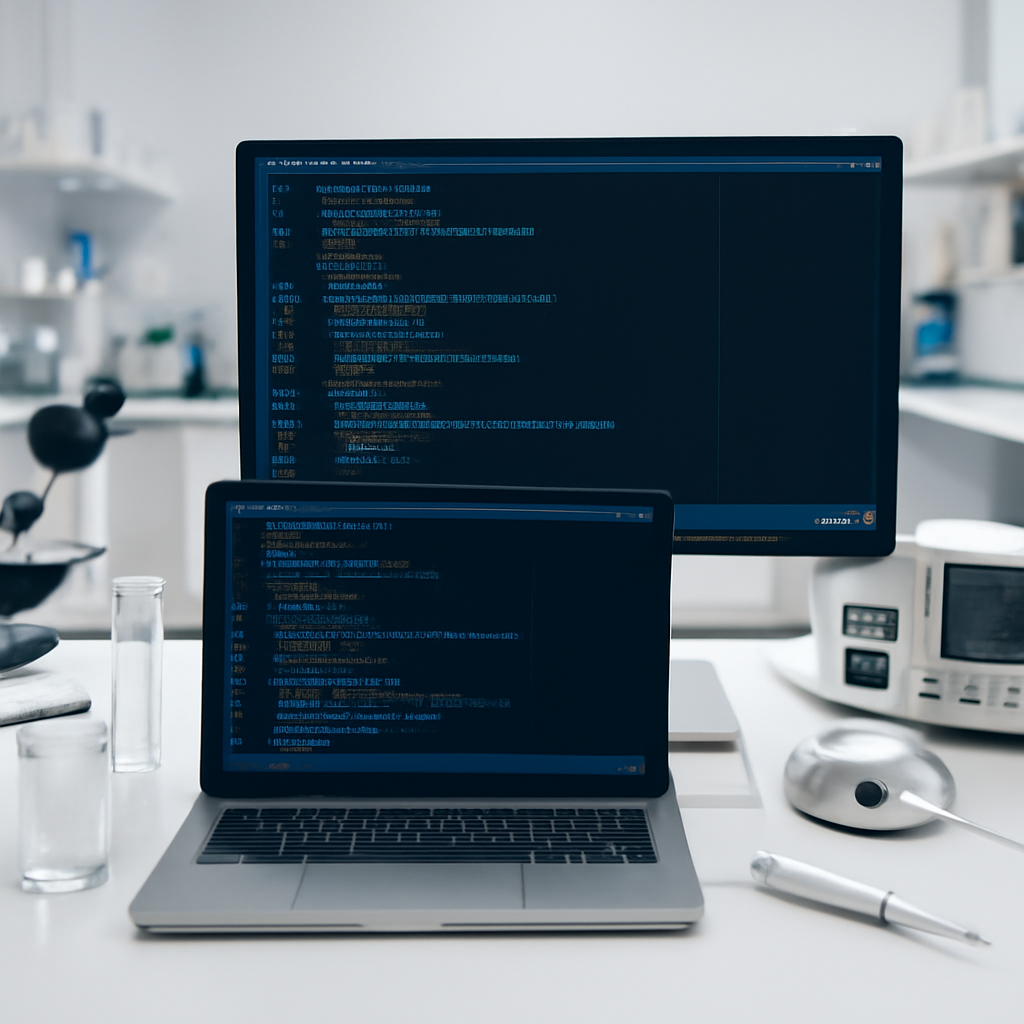 Laboratory workstation with computer, monitor, and technical equipment.