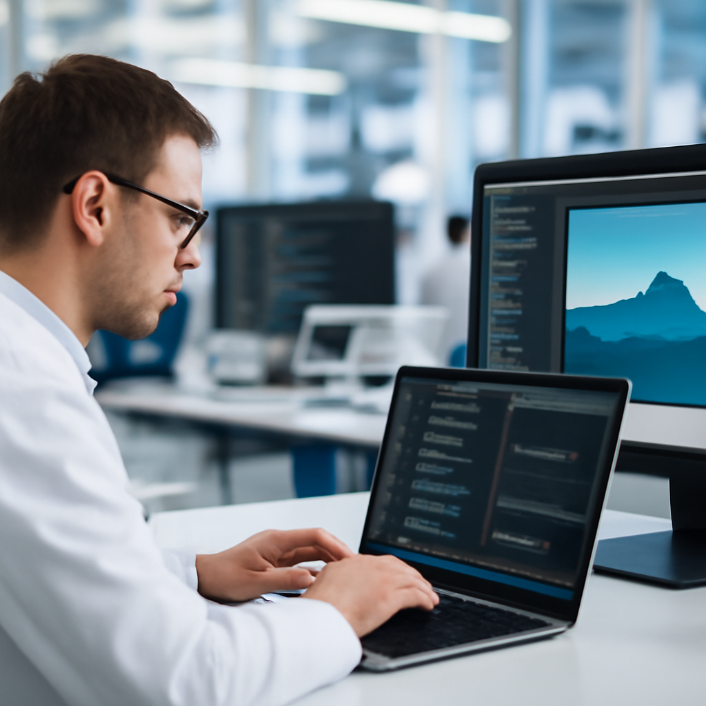 Researcher working on laptop in modern tech lab with code on screen.