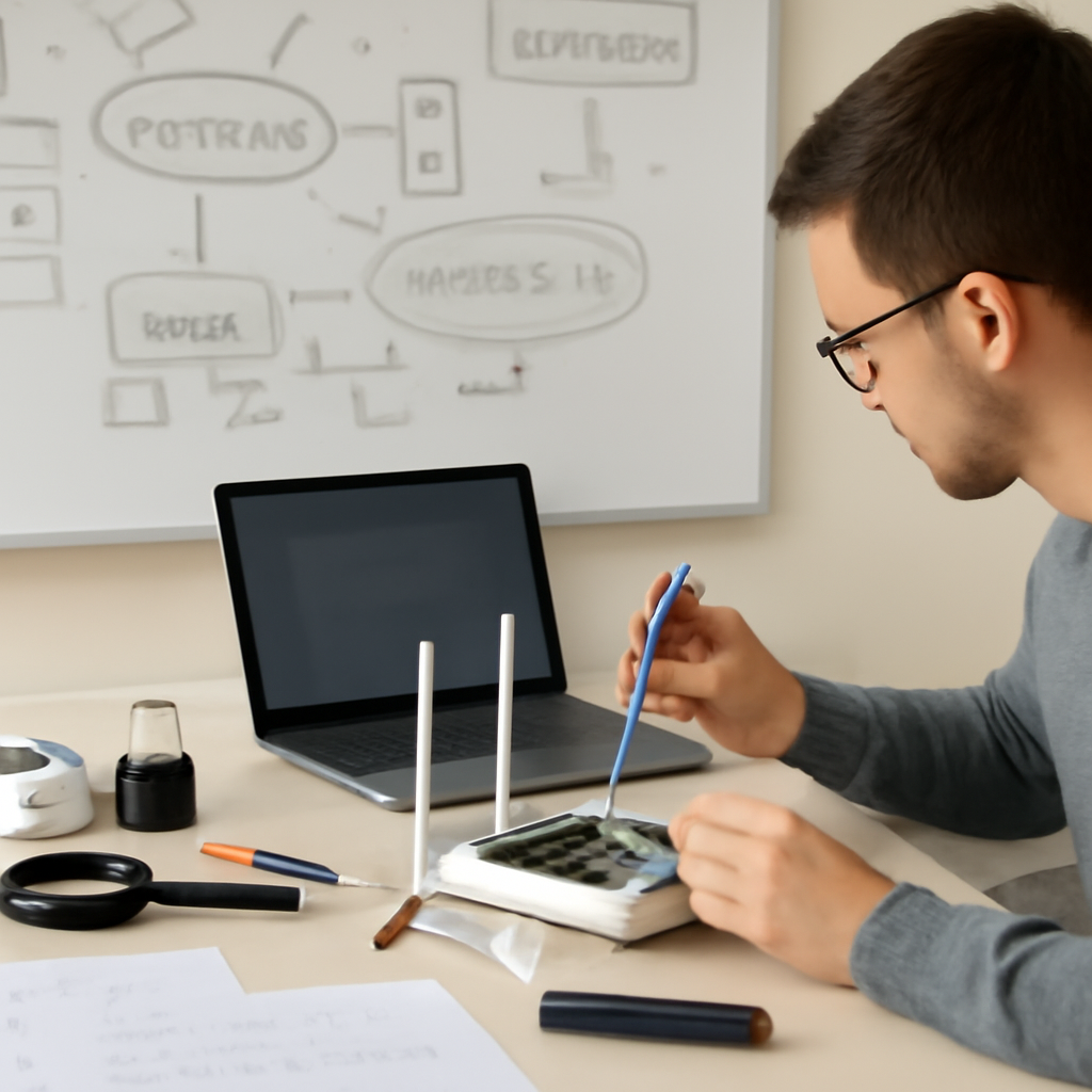 Researcher working at a lab bench with technology and security tools, surrounded by notes and diagrams.