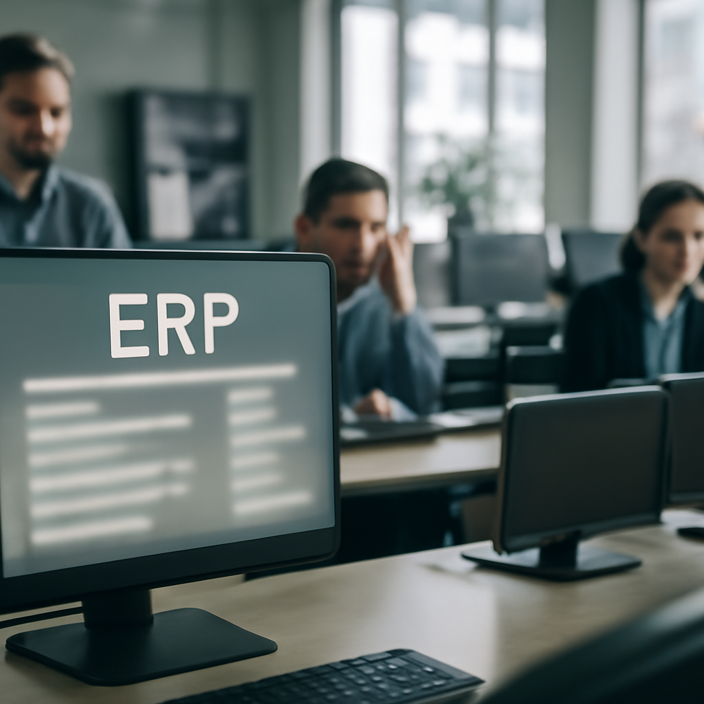 Concerned IT staff stand behind rows of computer terminals in a brightly-lit corporate IT environment with a blurred ERP…