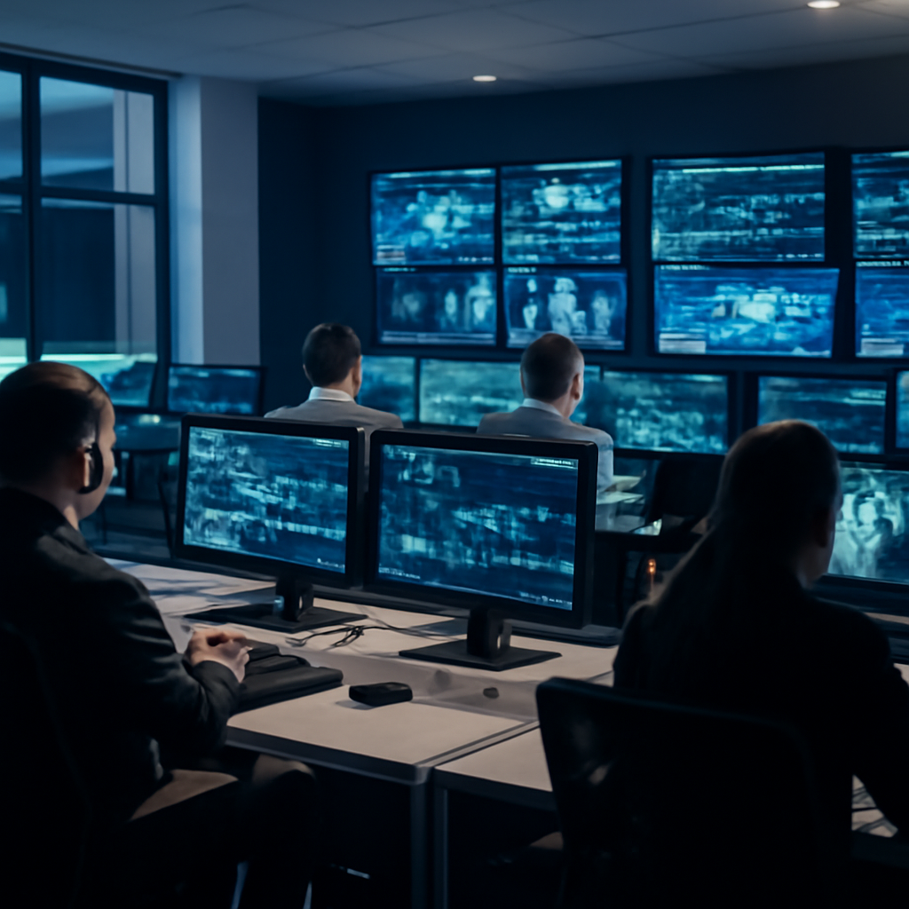 Security analysts work at desks surrounded by multiple screens in a dimly lit operations center.