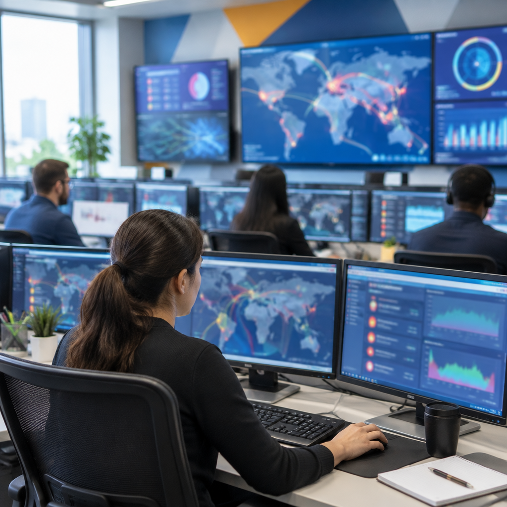 Security analysts work at desks in a brightly-lit operations center surrounded by computer screens displaying data…