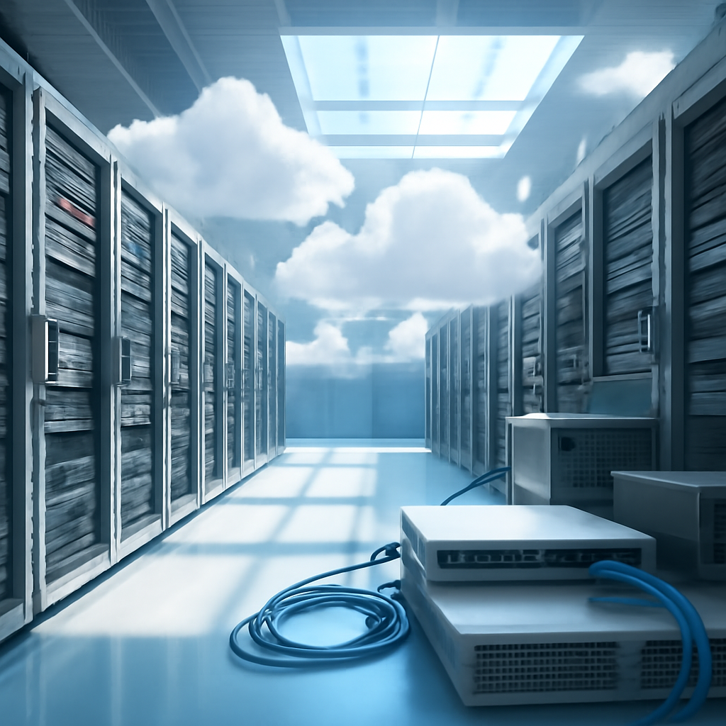 Rows of computer servers and storage equipment in a brightly-lit data center with natural daylight.