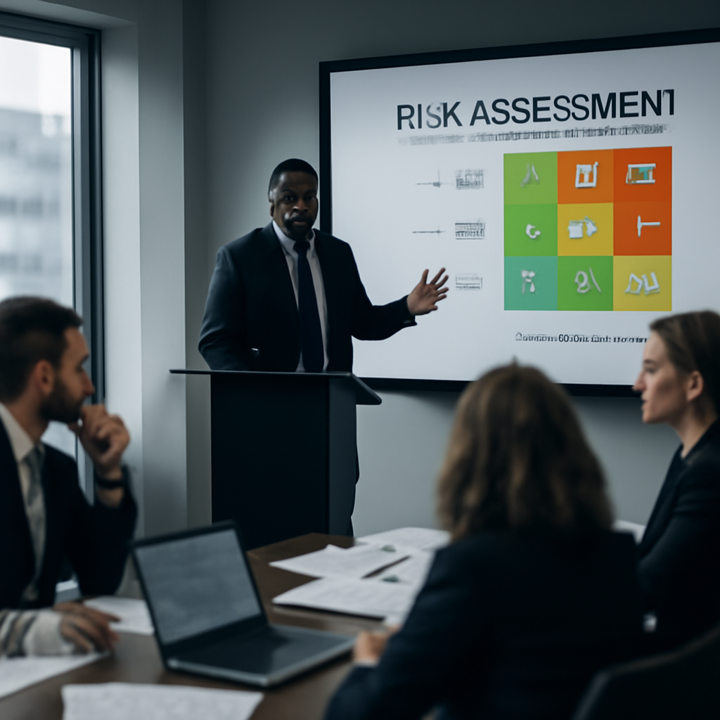 Risk management team in a conference room with technology and data visualization tools, led by an executive at a podium.