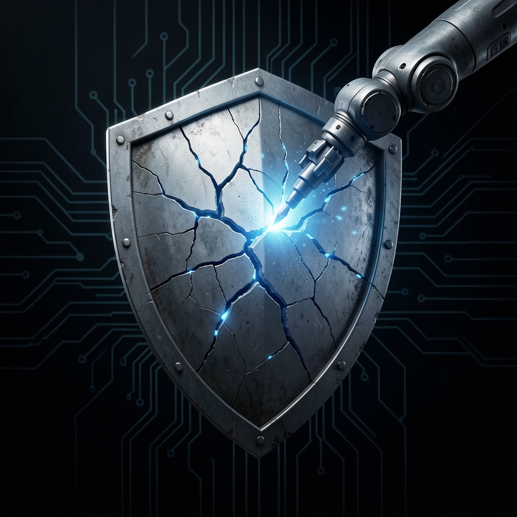 Robotic arm repairs cracks in shield against dark background with glowing circuits.