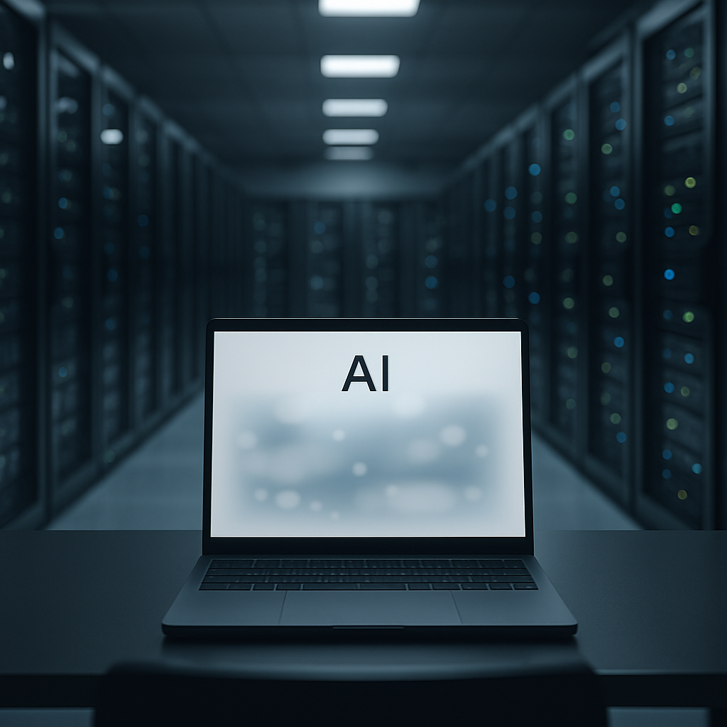 Server room with rows of computer servers and a single workstation featuring a blank AI system interface.