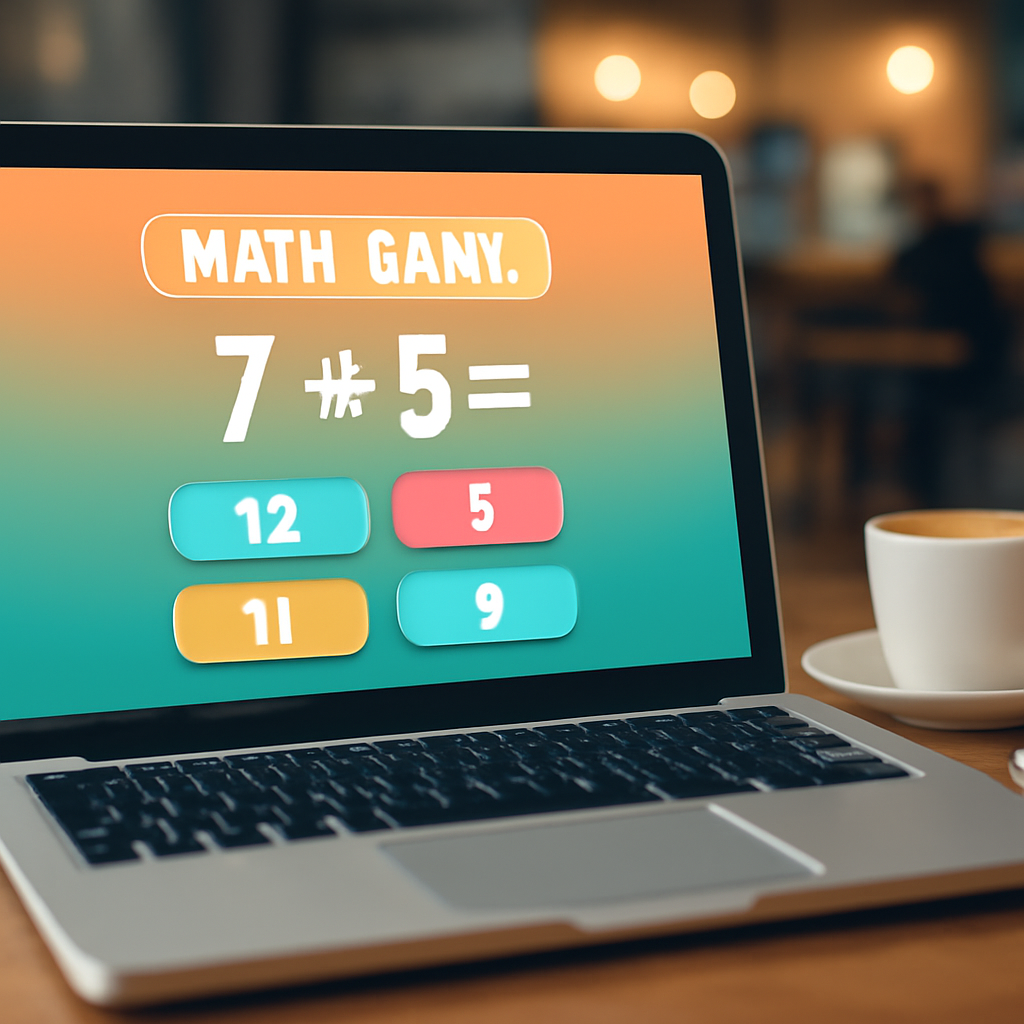 Laptop screen displays colorful webpage in brightly-lit coffee shop setting.
