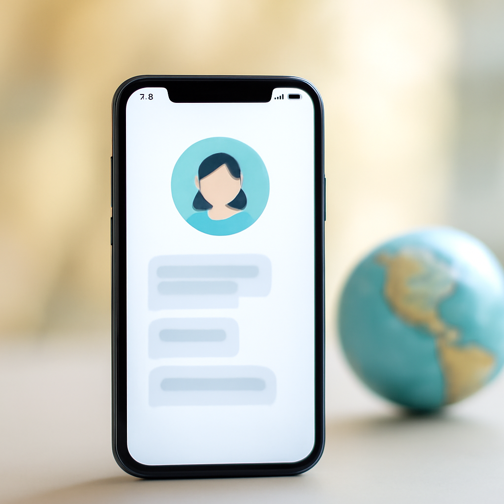 Smartphone displays chatbot interface with female avatar on screen.