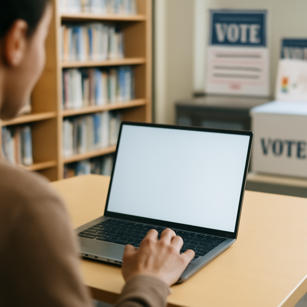 Person interacting with laptop in library setting with civic materials in background.