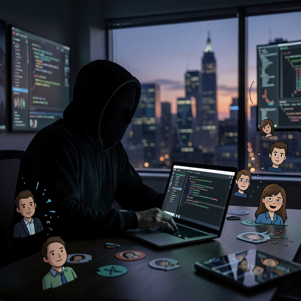 Masked figure in hoodie sits before laptop with Git repository, surrounded by distorted identity symbols.