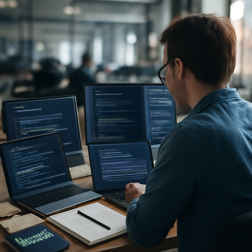 Software engineer working with AI coding tools at a desk with multiple laptops and notes.