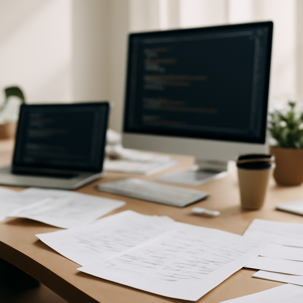 Cluttered developer workspace with blurred screens and scribbled notes.