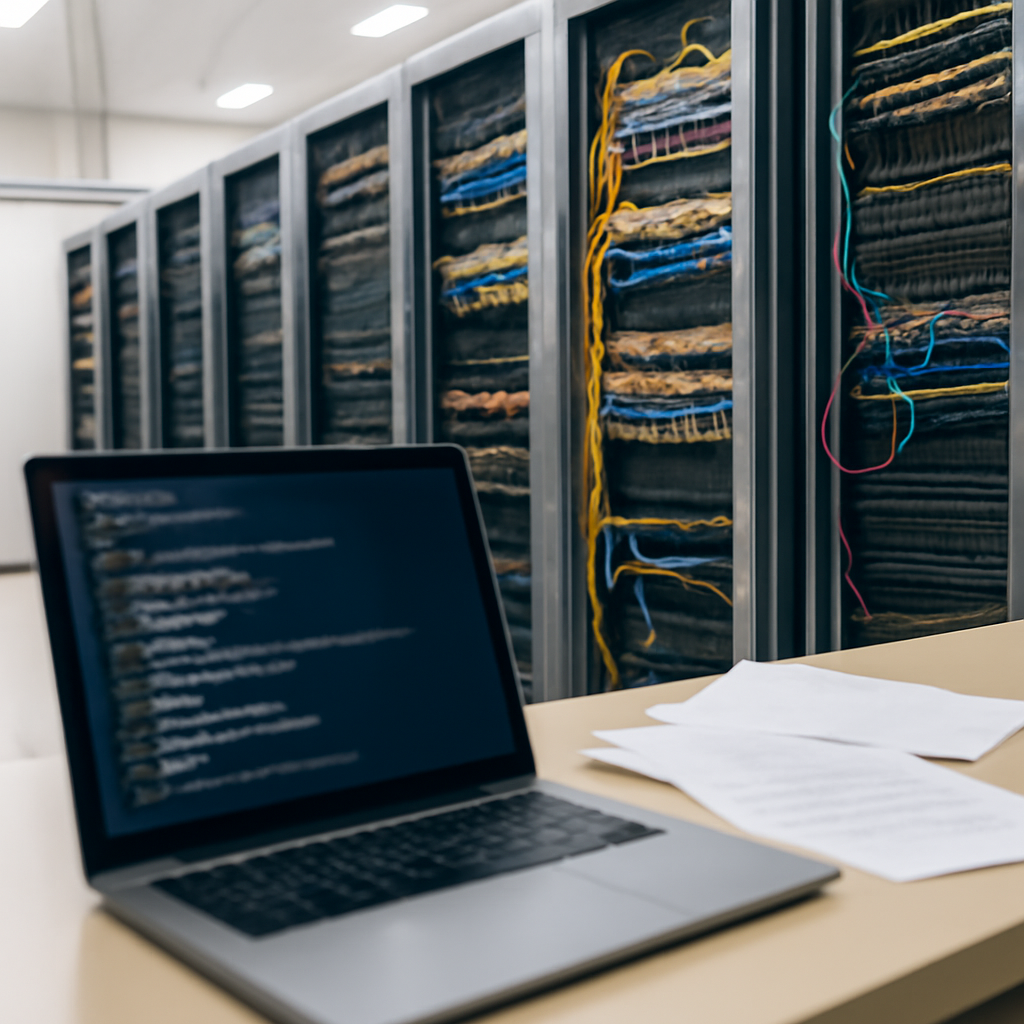 Corporate office network closet with server racks, cables, and scattered documents, laptop screen hinting at coding…