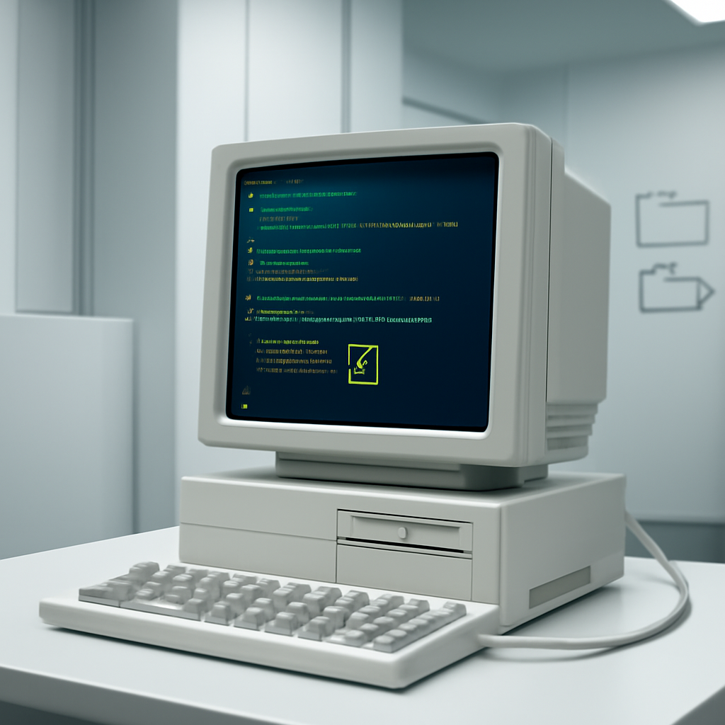 Unix-era computer terminal in a clean lab setting with coding interface and subtle file system hint.