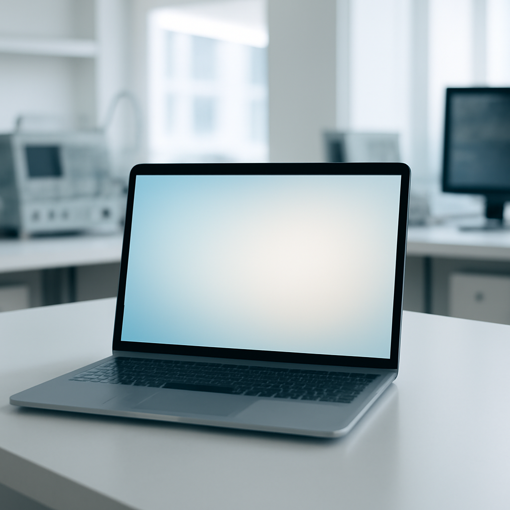 Laptop on a clean workbench in a modern office with a blank, gradient laptop screen.