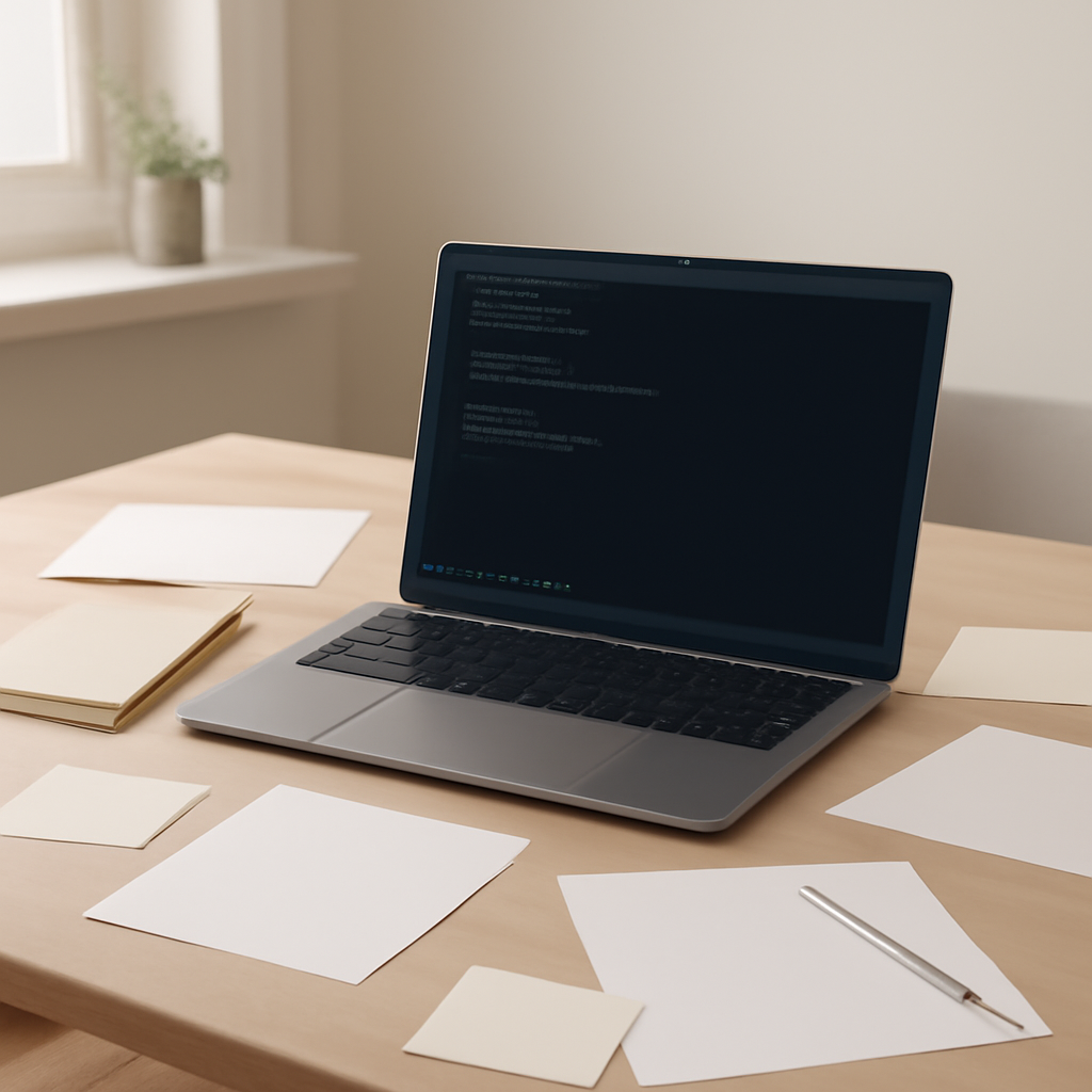 Developer workstation with laptop, terminal, and papers, showing a Git config file on screen in a bright office setting.