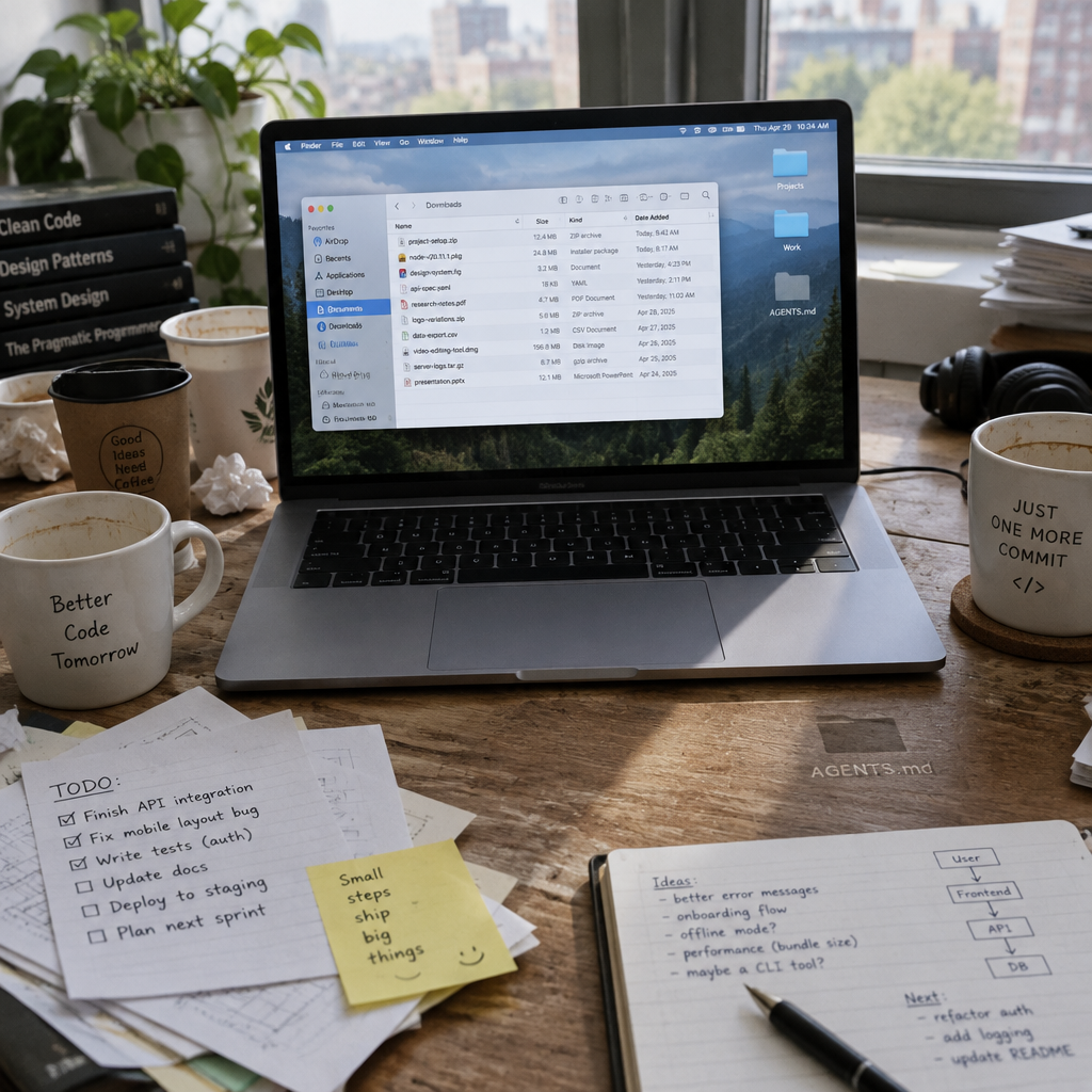 Cluttered developer workspace with laptop, papers, and coffee cups, hint of AGENTS.md folder on desktop.