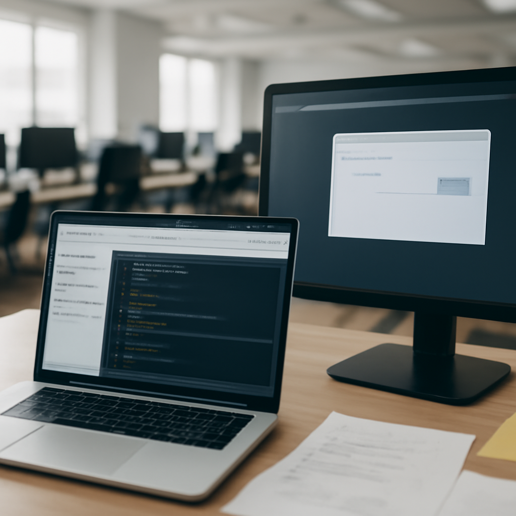 Developer workstation with laptop, coding interface, and monitor, set against a blurred office background.